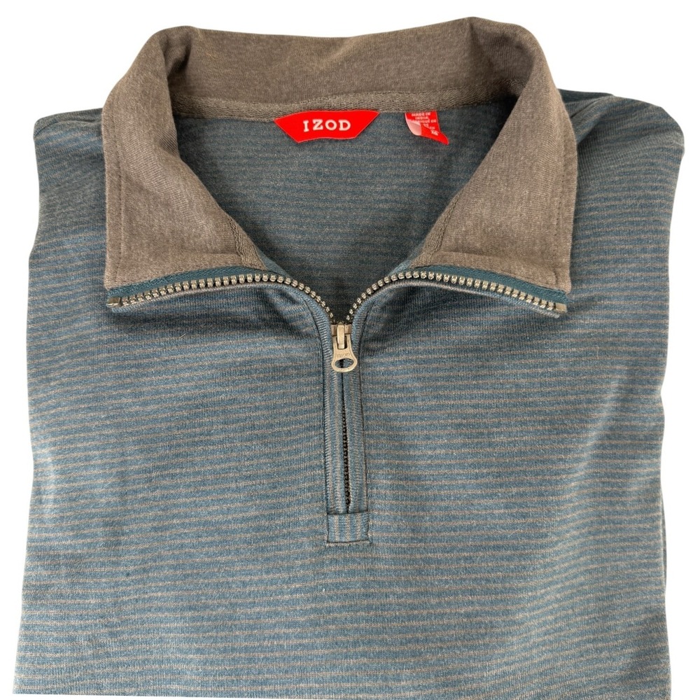 Mens IZOD Pullover Sweater Shirt Cotton Blend‎ Blue Gray Stripe Quarter Zip XL